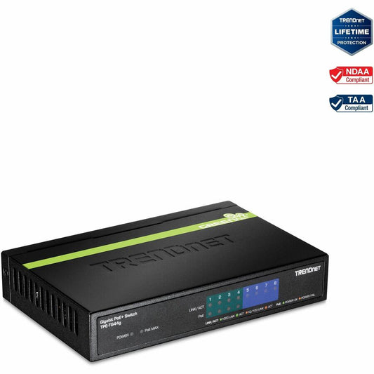 Commutateur PoE+ Gigabit GREENnet à 8 ports TRENDnet, 4 ports PoE-PoE+ Gigabit, 4 ports Gigabit, budget d'alimentation de 61 W, capacité de commutation de 16 Gbit/s, commutateur Ethernet non géré, protection à vie, noir, TPE-TG44G TPE-TG44g