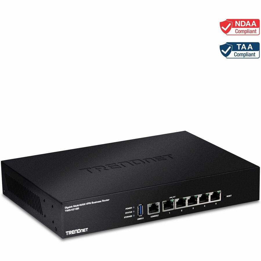 Routeur VPN multi-WAN Gigabit TRENDnet pour entreprise ; TWG-431BR ; 5 ports Gigabit ; 1 port console ; QoS ; routage inter-VLAN ; routage dynamique ; équilibrage de charge ; haute disponibilité ; mises à jour du micrologiciel en ligne TWG-431BR
