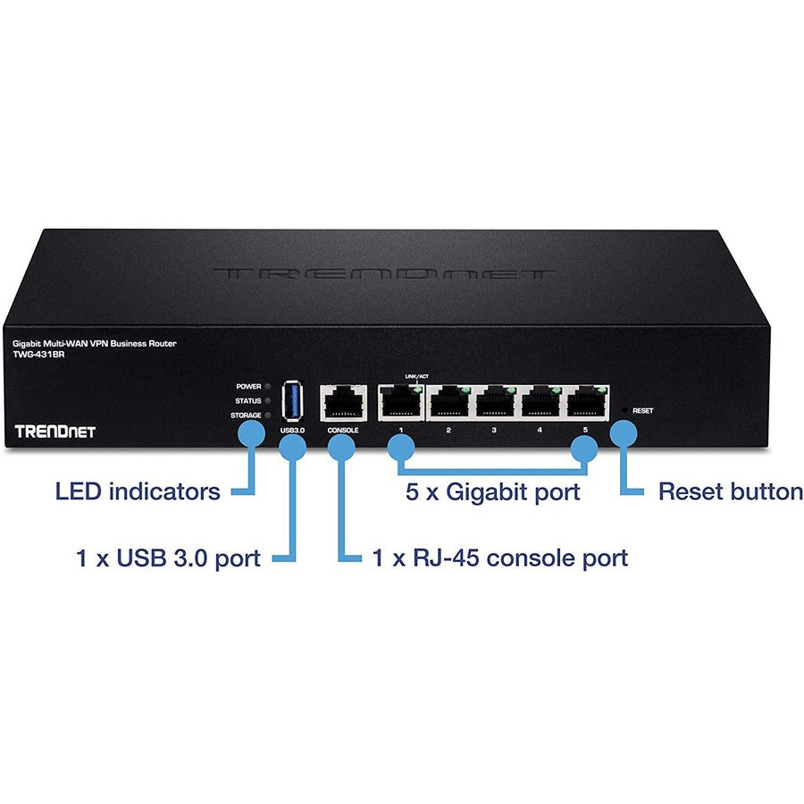 Routeur VPN multi-WAN Gigabit TRENDnet pour entreprise ; TWG-431BR ; 5 ports Gigabit ; 1 port console ; QoS ; routage inter-VLAN ; routage dynamique ; équilibrage de charge ; haute disponibilité ; mises à jour du micrologiciel en ligne TWG-431BR