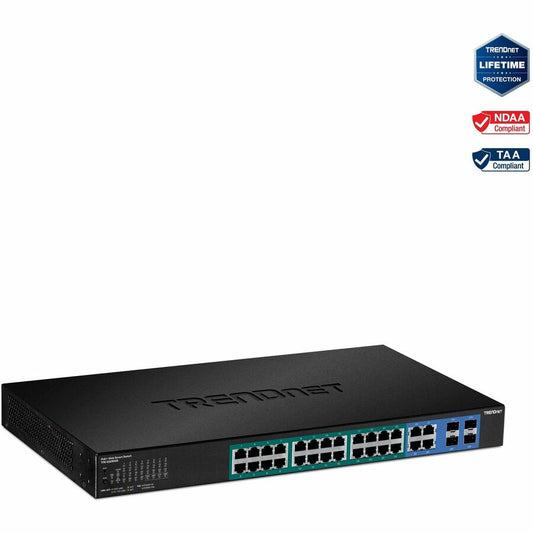 Commutateur Web Smart PoE+ TRENDnet à 28 ports ; 24 ports Gigabit PoE+ ; 4 ports Gigabit partagés (RJ-45 ou SFP) ; VLAN ; QoS ; LACP ; prise en charge IPv6 ; budget d'alimentation PoE de 370 W ; protection à vie ; TPE-5028WS TPE-5028WS