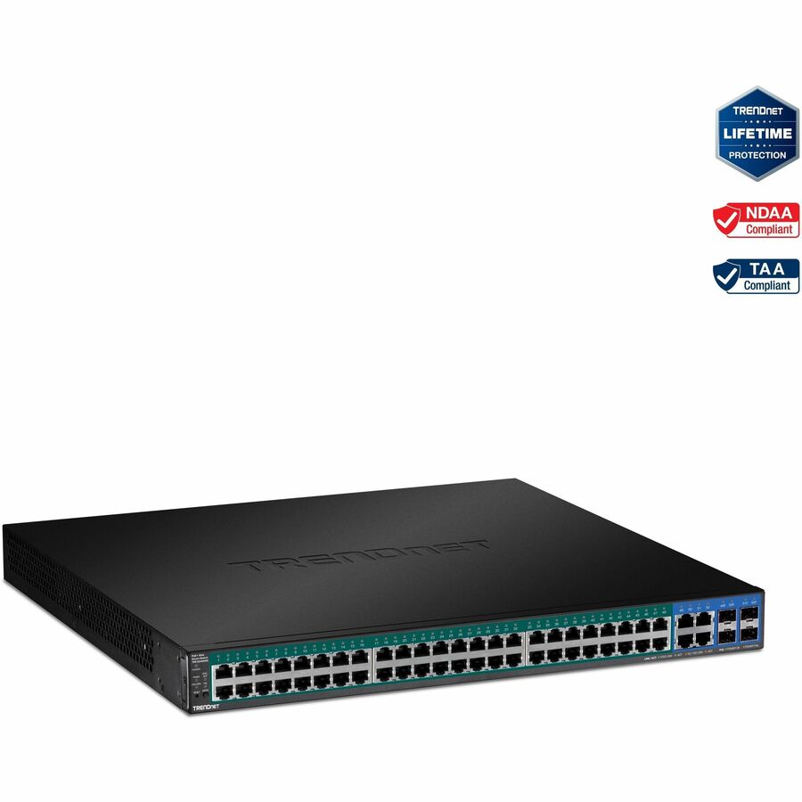 TRENDnet Commutateur Web Smart PoE+ Gigabit 52 ports, 48 ​​ports PoE+ Gigabit, 4 ports Gigabit partagés (RJ-45 ou SFP), budget d'alimentation PoE 370 W, capacité de commutation 104 Gbit/s, protection à vie, noir, TPE-5240WS TPE-5240WS
