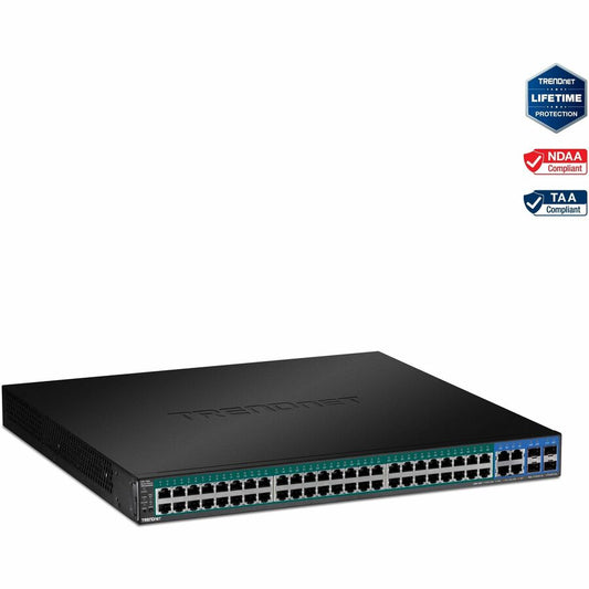 TRENDnet Commutateur Web Smart PoE+ Gigabit 52 ports, 48 ​​ports PoE+ Gigabit, 4 ports Gigabit partagés (RJ-45 ou SFP), budget d'alimentation PoE 370 W, capacité de commutation 104 Gbit/s, protection à vie, noir, TPE-5240WS TPE-5240WS