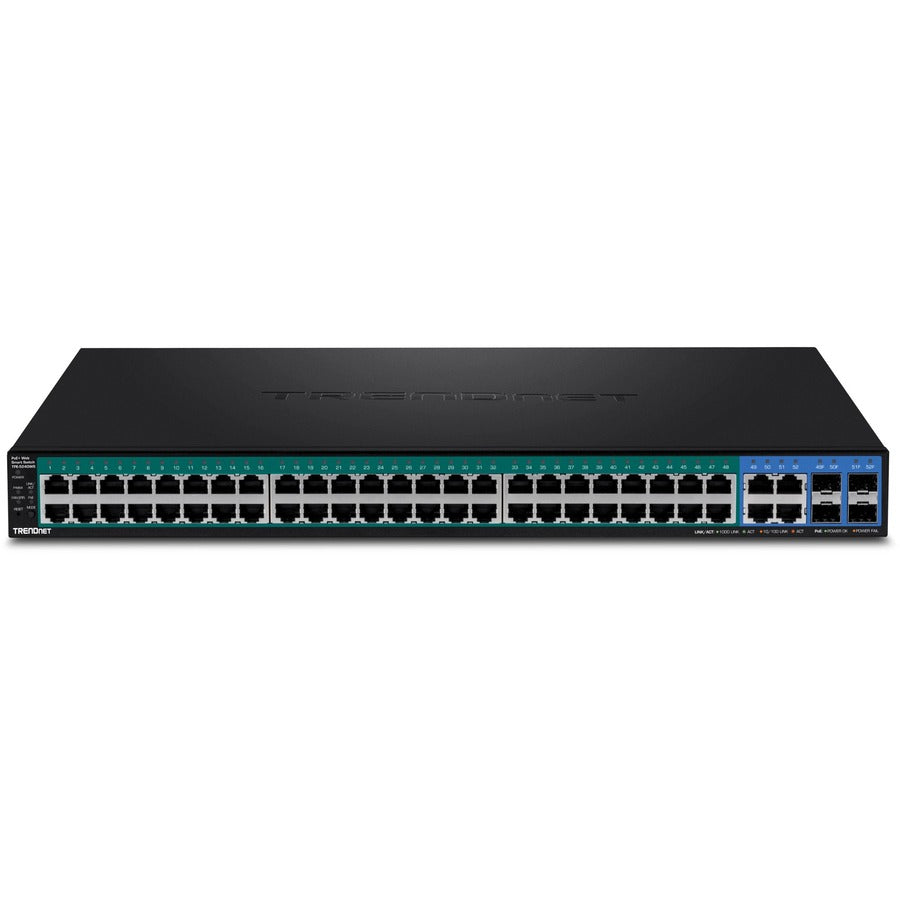 TRENDnet Commutateur Web Smart PoE+ Gigabit 52 ports, 48 ​​ports PoE+ Gigabit, 4 ports Gigabit partagés (RJ-45 ou SFP), budget d'alimentation PoE 370 W, capacité de commutation 104 Gbit/s, protection à vie, noir, TPE-5240WS TPE-5240WS