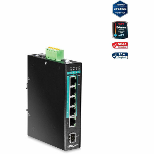 Switch industriel renforcé à 5 ports Gigabit PoE+ DIN-Rail TRENDnet, budget d'alimentation de 120 W, 1 emplacement SFP, indice de protection IP30, commutateur non géré, commutateur réseau Gigabit PoE+, protection à vie, noir, TI-PG541 TI-PG541