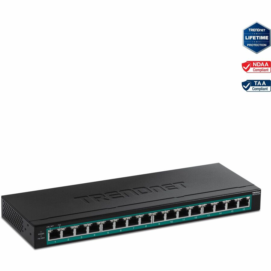 Commutateur Gigabit PoE+ à 16 ports TRENDnet ; TPE-TG160H ; budget d'alimentation PoE de 123 W ; capacité de commutation de 32 Gbit/s ; commutateur de bureau ; commutateur réseau Ethernet ; métal ; montable en rack 1U 10" ; protection à vie TPE-TG160H