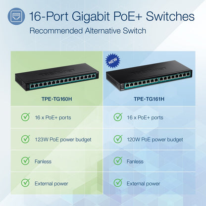 Commutateur Gigabit PoE+ à 16 ports TRENDnet ; TPE-TG160H ; budget d'alimentation PoE de 123 W ; capacité de commutation de 32 Gbit/s ; commutateur de bureau ; commutateur réseau Ethernet ; métal ; montable en rack 1U 10" ; protection à vie TPE-TG160H