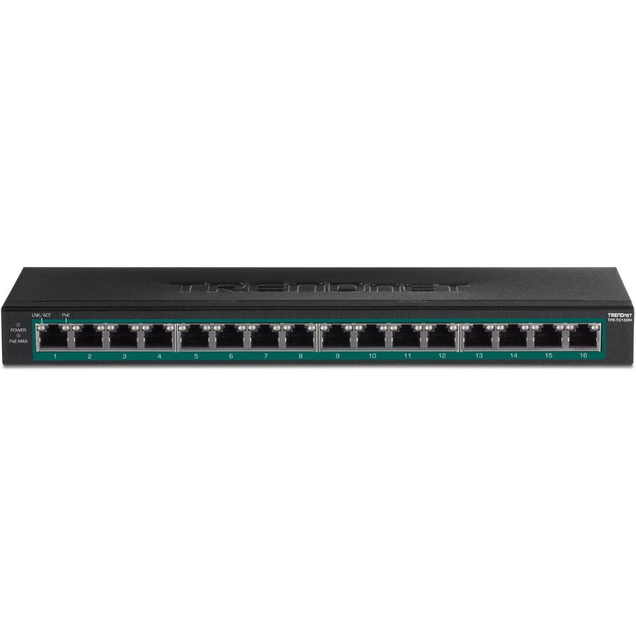 Commutateur Gigabit PoE+ à 16 ports TRENDnet ; TPE-TG160H ; budget d'alimentation PoE de 123 W ; capacité de commutation de 32 Gbit/s ; commutateur de bureau ; commutateur réseau Ethernet ; métal ; montable en rack 1U 10" ; protection à vie TPE-TG160H