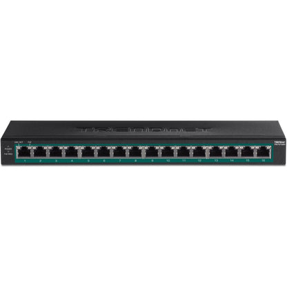 Commutateur Gigabit PoE+ à 16 ports TRENDnet ; TPE-TG160H ; budget d'alimentation PoE de 123 W ; capacité de commutation de 32 Gbit/s ; commutateur de bureau ; commutateur réseau Ethernet ; métal ; montable en rack 1U 10" ; protection à vie TPE-TG160H