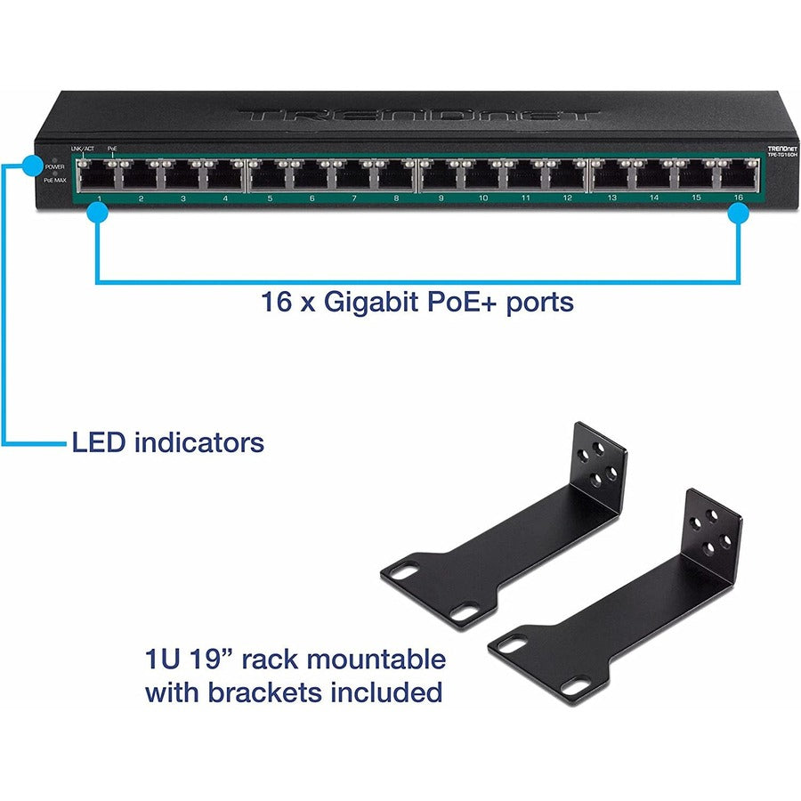 Commutateur Gigabit PoE+ à 16 ports TRENDnet ; TPE-TG160H ; budget d'alimentation PoE de 123 W ; capacité de commutation de 32 Gbit/s ; commutateur de bureau ; commutateur réseau Ethernet ; métal ; montable en rack 1U 10" ; protection à vie TPE-TG160H