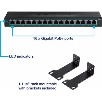 Commutateur Gigabit PoE+ à 16 ports TRENDnet ; TPE-TG160H ; budget d'alimentation PoE de 123 W ; capacité de commutation de 32 Gbit/s ; commutateur de bureau ; commutateur réseau Ethernet ; métal ; montable en rack 1U 10" ; protection à vie TPE-TG160H
