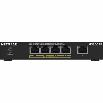 Commutateur non géré Netgear Gigabit Ethernet SOHO à 5 ports avec 4 ports PoE+ (83 W) GS305PP-300NAS