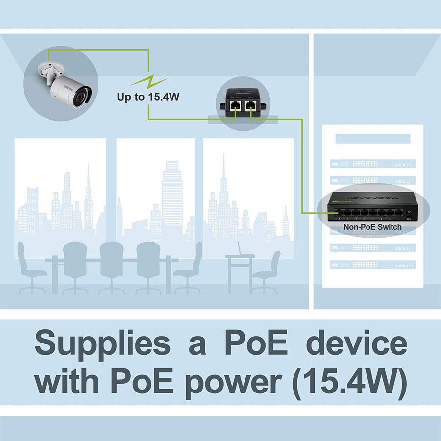 Injecteur Power Over Ethernet Gigabit TRENDnet, vitesses Gigabit en duplex intégral, 1 port Gigabit Ethernet, 1 port Gigabit Ethernet PoE, périphériques réseau jusqu'à 100 M (328 pieds), 15,4 W, noir, TPE-113GI TPE-113GI