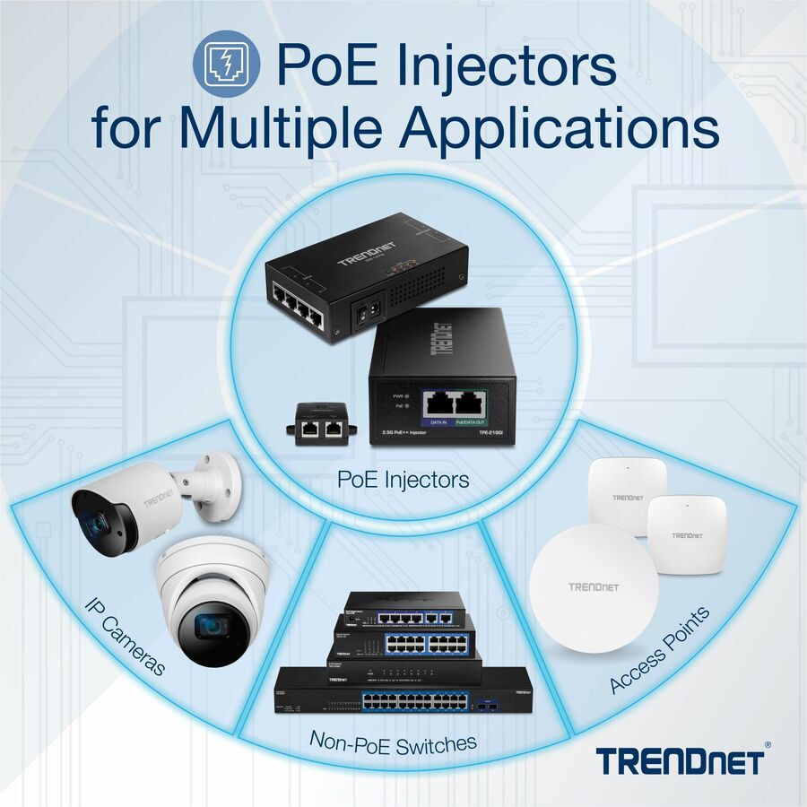Injecteur Power Over Ethernet Gigabit TRENDnet, vitesses Gigabit en duplex intégral, 1 port Gigabit Ethernet, 1 port Gigabit Ethernet PoE, périphériques réseau jusqu'à 100 M (328 pieds), 15,4 W, noir, TPE-113GI TPE-113GI