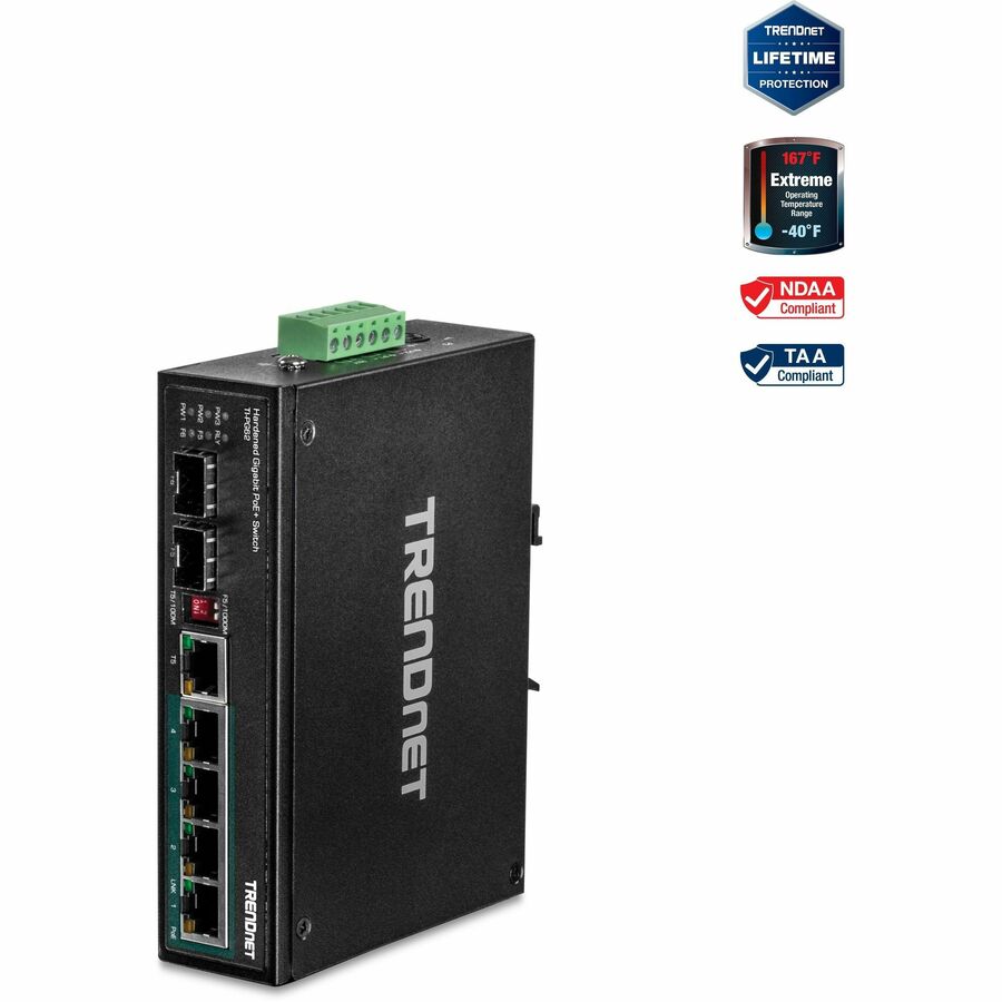 Commutateur DIN-Rail géré Gigabit PoE+ industriel renforcé à 6 ports TRENDnet de couche 2, 4 ports Gigabit PoE+ 802.3at, 1 port Gigabit, 1 emplacement Gigabit SFP, budget d'alimentation de 120 W, noir, TI-PG541i TI-PG541i