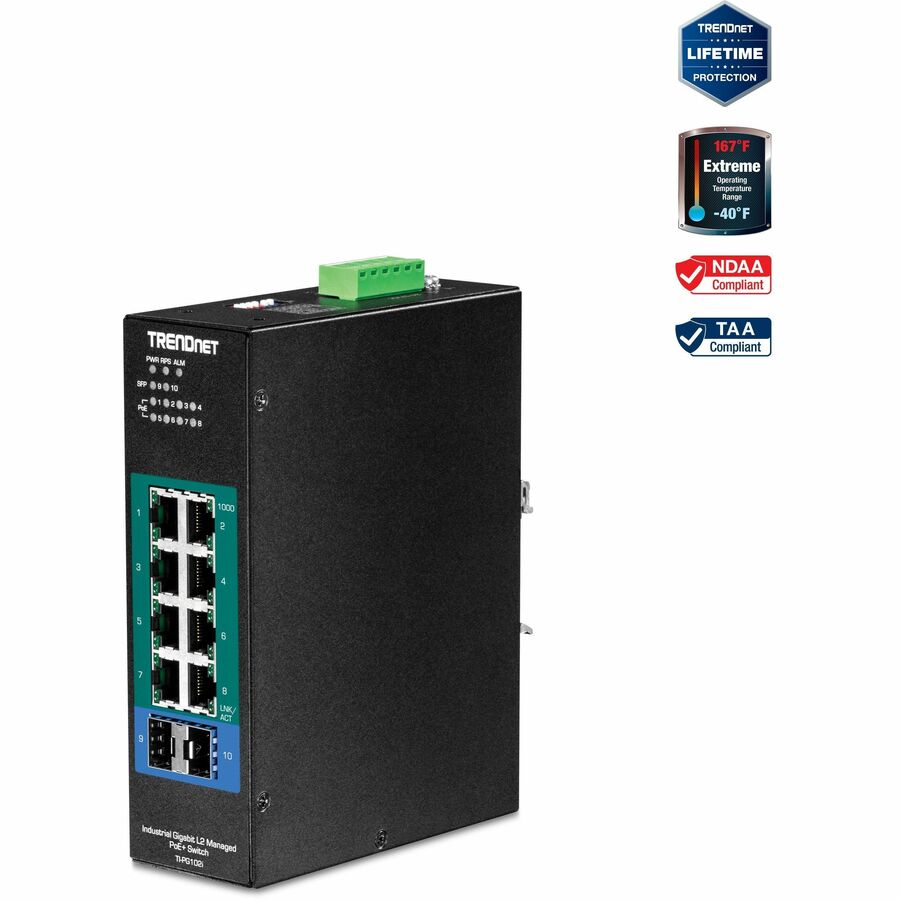 TRENDnet 10-Port Industrial Gigabit L2 Managed PoE+ DIN-Rail Switch, 8 x Gigabit PoE+ Ports, DIN-Rail Mount, 2 x SFP Slots, 2457V DC Power Input, IP30, VLAN, Lifetime Protection, Black, TI-PG102i TI-PG102I