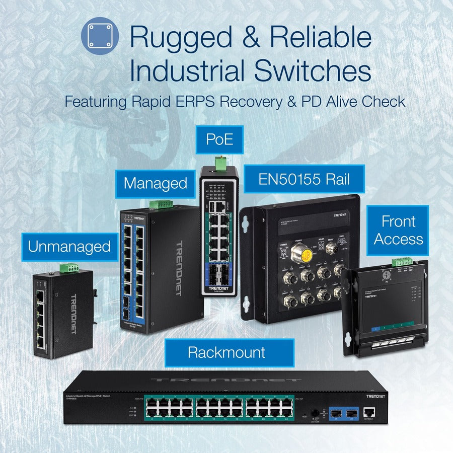 TRENDnet 10-Port Industrial Gigabit L2 Managed PoE+ DIN-Rail Switch, 8 x Gigabit PoE+ Ports, DIN-Rail Mount, 2 x SFP Slots, 2457V DC Power Input, IP30, VLAN, Lifetime Protection, Black, TI-PG102i TI-PG102I