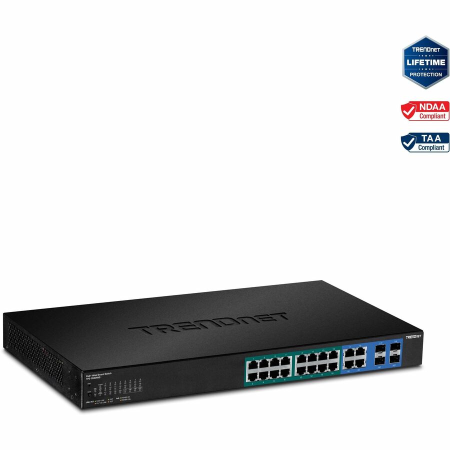 TRENDnet Commutateur Web Smart PoE+ Gigabit PoE+ à 20 ports, 16 ports Gigabit PoE+, 4 ports Gigabit partagés, jusqu'à 30 W par port, budget d'alimentation total de 185 W, montable en rack, noir, TPE-1620WS TPE-1620WS