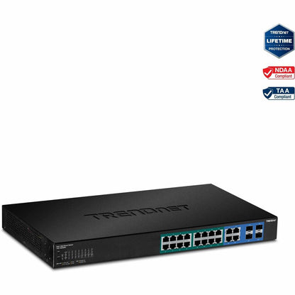 TRENDnet Commutateur Web Smart PoE+ Gigabit PoE+ à 20 ports, 16 ports Gigabit PoE+, 4 ports Gigabit partagés, jusqu'à 30 W par port, budget d'alimentation total de 185 W, montable en rack, noir, TPE-1620WS TPE-1620WS