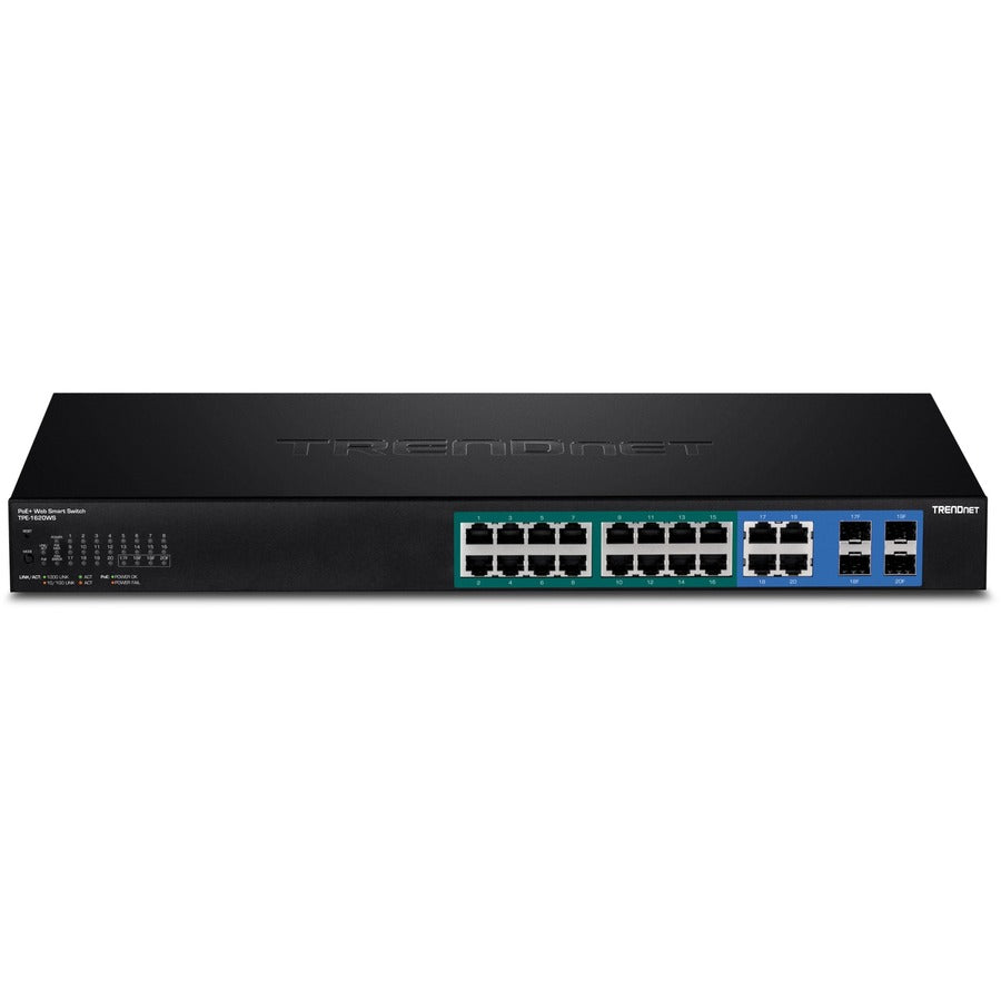 TRENDnet Commutateur Web Smart PoE+ Gigabit PoE+ à 20 ports, 16 ports Gigabit PoE+, 4 ports Gigabit partagés, jusqu'à 30 W par port, budget d'alimentation total de 185 W, montable en rack, noir, TPE-1620WS TPE-1620WS