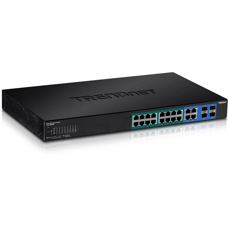 TRENDnet Commutateur Web Smart PoE+ Gigabit PoE+ à 20 ports, 16 ports Gigabit PoE+, 4 ports Gigabit partagés, jusqu'à 30 W par port, budget d'alimentation total de 185 W, montable en rack, noir, TPE-1620WS TPE-1620WS