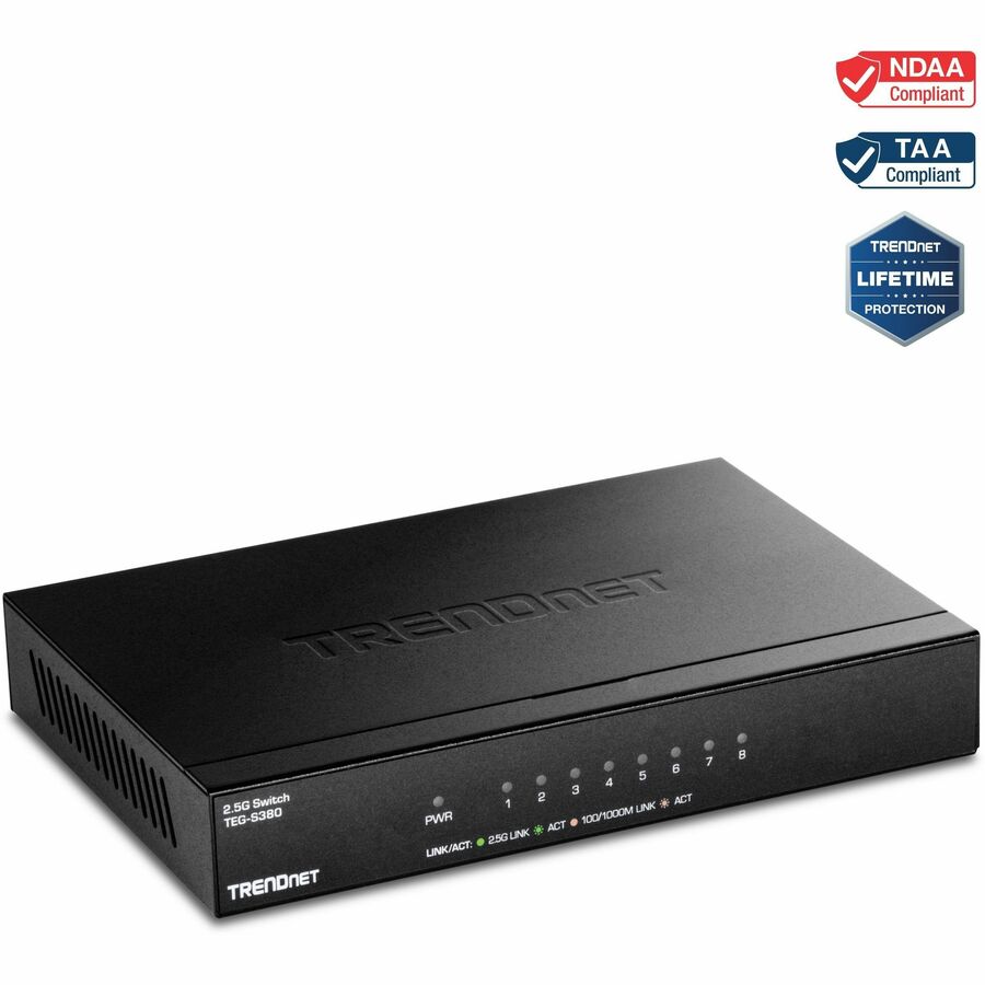 Commutateur non géré TRENDnet 8 ports 2,5G, 8 ports 2,5GBASE-T, capacité de commutation de 40 Gbit/s, rétrocompatible avec les appareils 10-100-1000 Mbps, sans ventilateur, montage mural, noir, TEG-S380 TEG-S380