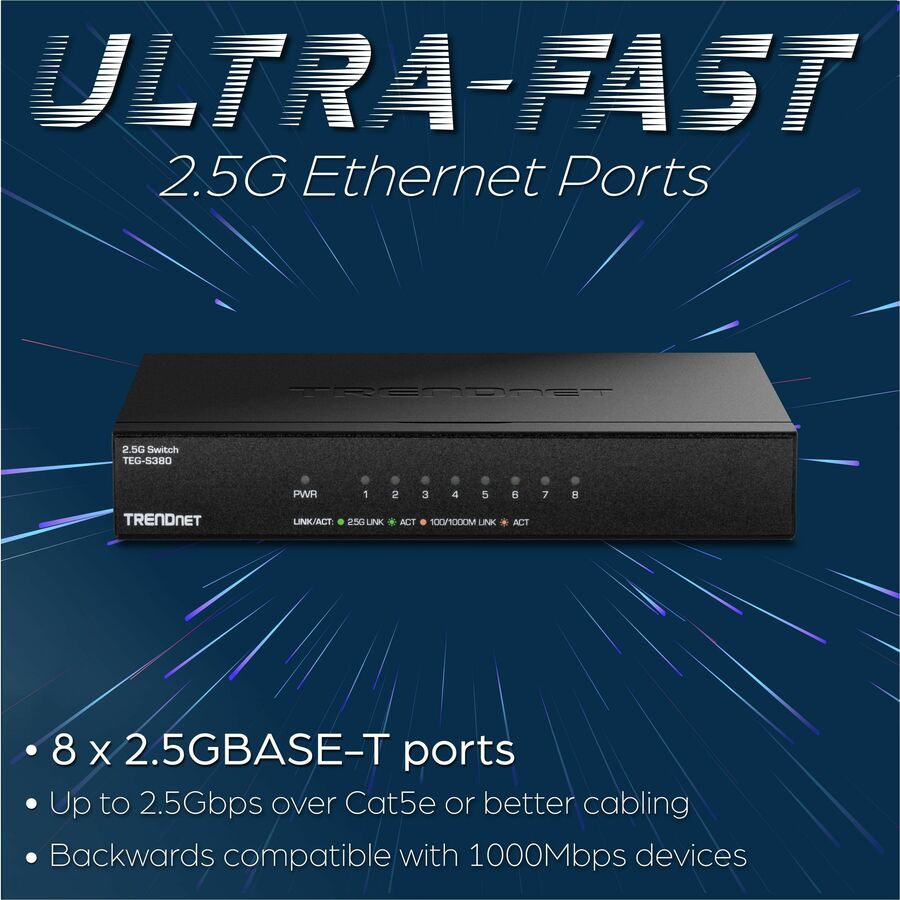 Commutateur non géré TRENDnet 8 ports 2,5G, 8 ports 2,5GBASE-T, capacité de commutation de 40 Gbit/s, rétrocompatible avec les appareils 10-100-1000 Mbps, sans ventilateur, montage mural, noir, TEG-S380 TEG-S380