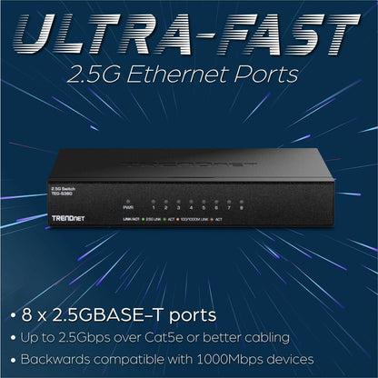 Commutateur non géré TRENDnet 8 ports 2,5G, 8 ports 2,5GBASE-T, capacité de commutation de 40 Gbit/s, rétrocompatible avec les appareils 10-100-1000 Mbps, sans ventilateur, montage mural, noir, TEG-S380 TEG-S380