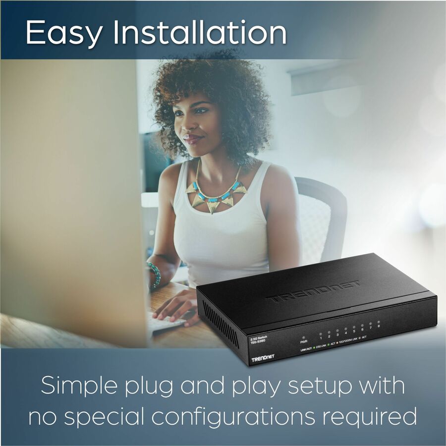 Commutateur non géré TRENDnet 8 ports 2,5G, 8 ports 2,5GBASE-T, capacité de commutation de 40 Gbit/s, rétrocompatible avec les appareils 10-100-1000 Mbps, sans ventilateur, montage mural, noir, TEG-S380 TEG-S380