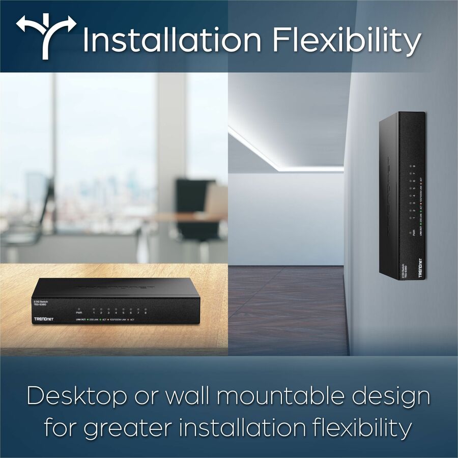 Commutateur non géré TRENDnet 8 ports 2,5G, 8 ports 2,5GBASE-T, capacité de commutation de 40 Gbit/s, rétrocompatible avec les appareils 10-100-1000 Mbps, sans ventilateur, montage mural, noir, TEG-S380 TEG-S380