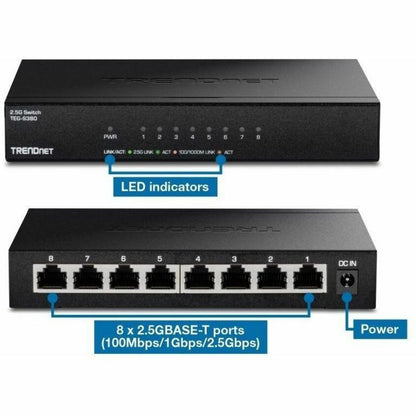 Commutateur non géré TRENDnet 8 ports 2,5G, 8 ports 2,5GBASE-T, capacité de commutation de 40 Gbit/s, rétrocompatible avec les appareils 10-100-1000 Mbps, sans ventilateur, montage mural, noir, TEG-S380 TEG-S380