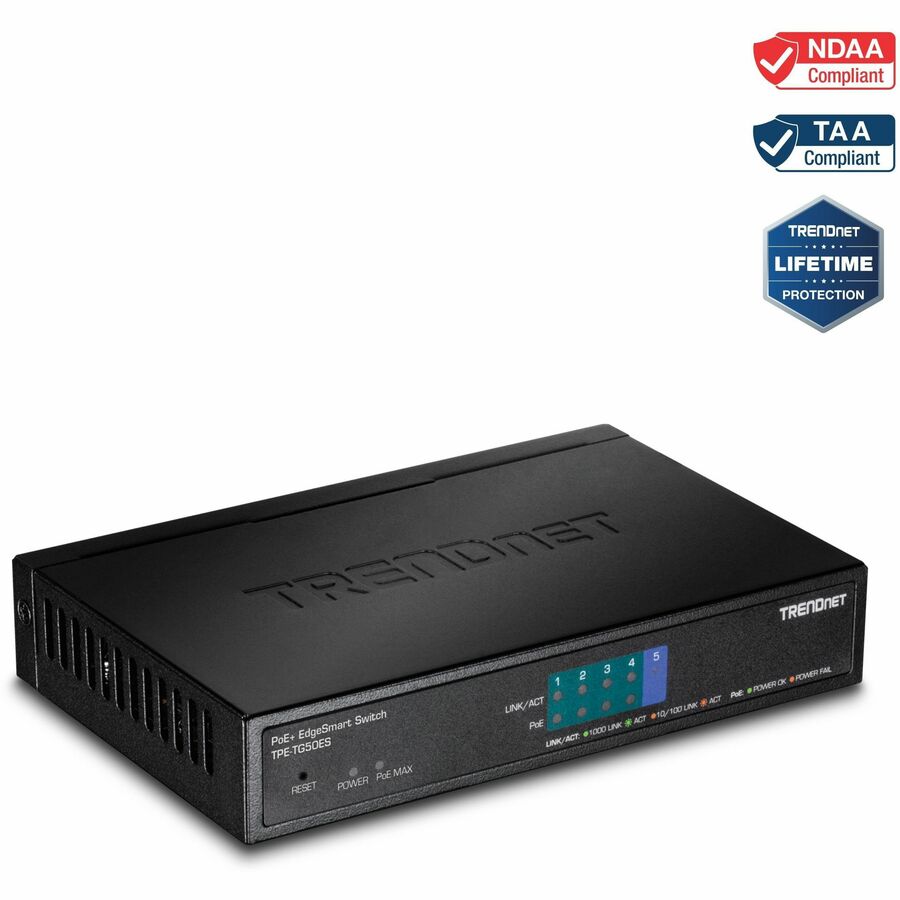 TRENDnet Switch PoE+ Gigabit EdgeSmart à 5 ports, 4 ports PoE+ Gigabit, 1 port Gigabit, budget d'alimentation PoE 31 W, commutateur PoE+ géré, montage mural, protection à vie, noir, TPE-TG50ES TPE-TG50ES