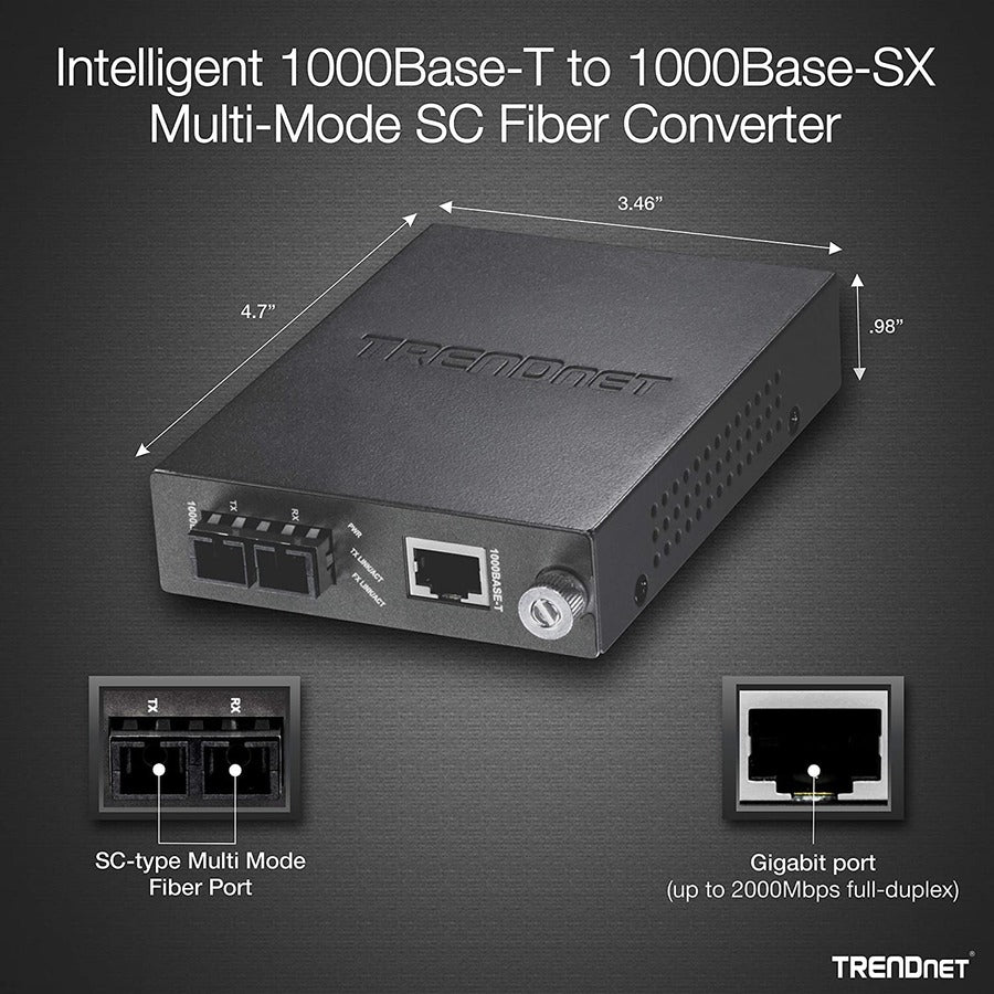 TRENDnet Convertisseur de média fibre optique multimode 1000Base-T vers 1000Base-SX intelligent SC, jusqu'à 550 M (1800 pieds), convertisseur fibre vers Ethernet, capacité de commutation 2 Gbit/s, protection à vie, noir, TFC-1000MSC TFC-1000MSC