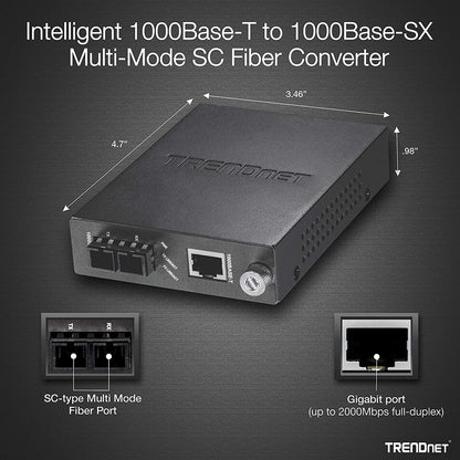 TRENDnet Convertisseur de média fibre optique multimode 1000Base-T vers 1000Base-SX intelligent SC, jusqu'à 550 M (1800 pieds), convertisseur fibre vers Ethernet, capacité de commutation 2 Gbit/s, protection à vie, noir, TFC-1000MSC TFC-1000MSC