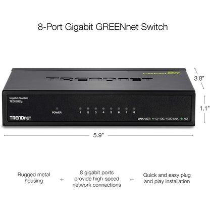 TRENDnet Switch Gigabit GREENnet à 8 ports, commutateur réseau Ethernet, 8 ports Gigabit Ethernet 10-100-1000 Mbps, capacité de commutation 16 Gbps, métal, protection à vie, noir, TEG-S82G TEG-S82g