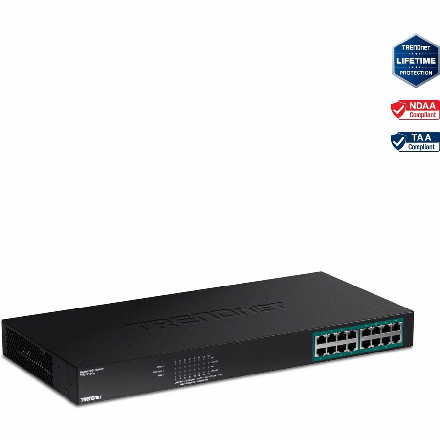 TRENDnet 16-Port Gigabit PoE+ Switch, 16 x Gigabit PoE+ Ports, 246W PoE Power Budget, 32 Gbps Switching Capacity, Desktop Switch, Ethernet Network Switch, Metal, Lifetime Protection, Black, TPE-TG160g TPE-TG160G