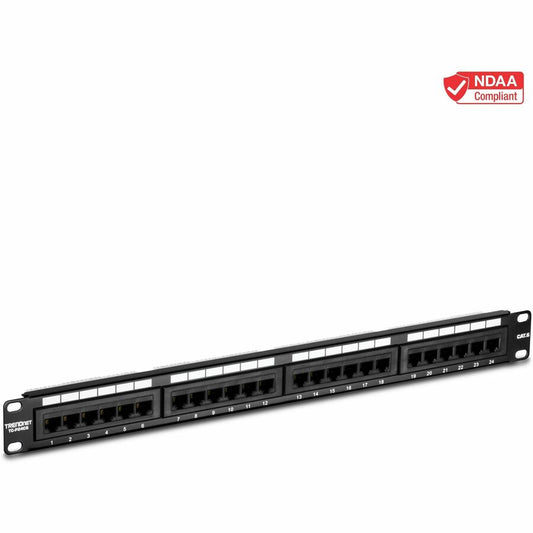Panneau de brassage 1U blindé 24 ports Cat6A TRENDnet, boîtier de montage en rack 19" 1U, compatible avec les câbles Cat5e, Cat6 et Cat6A, gestion des câbles Ethernet, étiquetage à code couleur, noir, TC-P24C6AS TC-P24C6