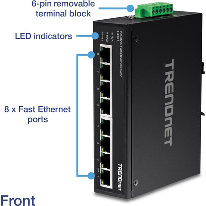 TRENDnet 8-Port Industrial Unmanaged Fast Ethernet DIN-Rail Switch; TI-E80 8 x Fast Ethernet Ports; 1.6Gbps Switching Capacity;8 Port Network Fast Ethernet Switch;IP30 Metal Switch;Lifetime Protection TI-E80