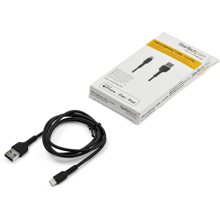Câble USB-A vers Lightning noir durable de 1 m de StarTech.com, câble de charge/synchronisation robuste et résistant pour Apple iPhone/iPad certifié MFi RUSBLTMM1MB