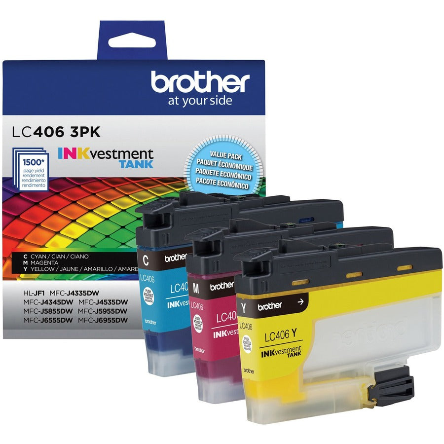 Cartouche d'encre à jet d'encre d'origine Brother INKvestment LC4063PK à rendement standard - Cyan, Magenta, Jaune - Lot de 3 LC4063PKS