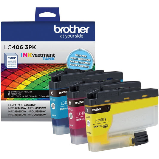 Cartouche d'encre à jet d'encre d'origine Brother INKvestment LC4063PK à rendement standard - Cyan, Magenta, Jaune - Lot de 3 LC4063PKS