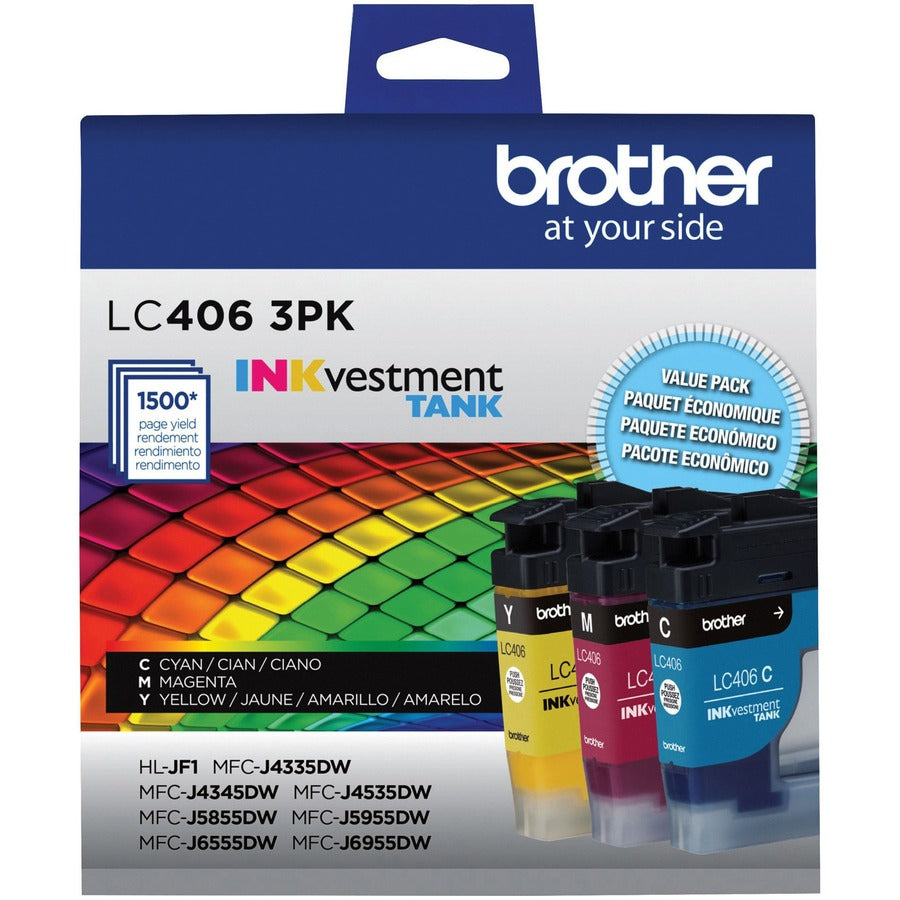 Cartouche d'encre à jet d'encre d'origine Brother INKvestment LC4063PK à rendement standard - Cyan, Magenta, Jaune - Lot de 3 LC4063PKS