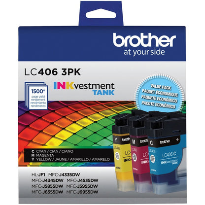 Cartouche d'encre à jet d'encre d'origine Brother INKvestment LC4063PK à rendement standard - Cyan, Magenta, Jaune - Lot de 3 LC4063PKS
