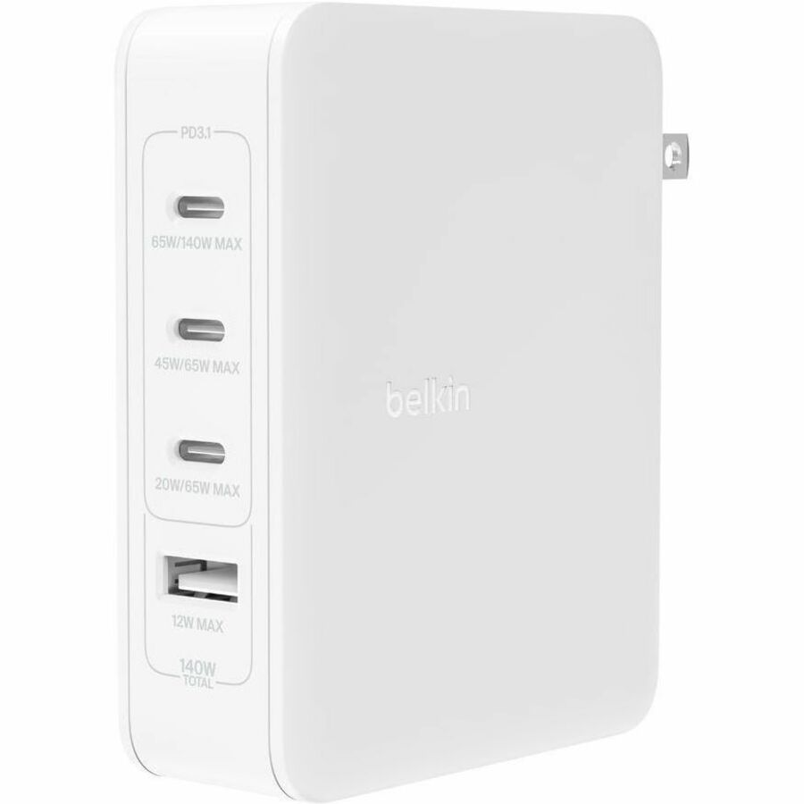Chargeur mural portable Belkin GaN 140 W à 4 ports - 3 x USB-C, 1 x USB-A (140 W au total) - Charge rapide - Adaptateur secteur - Blanc WCH014dqWH