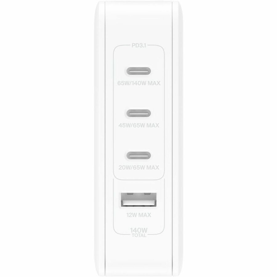 Chargeur mural portable Belkin GaN 140 W à 4 ports - 3 x USB-C, 1 x USB-A (140 W au total) - Charge rapide - Adaptateur secteur - Blanc WCH014dqWH
