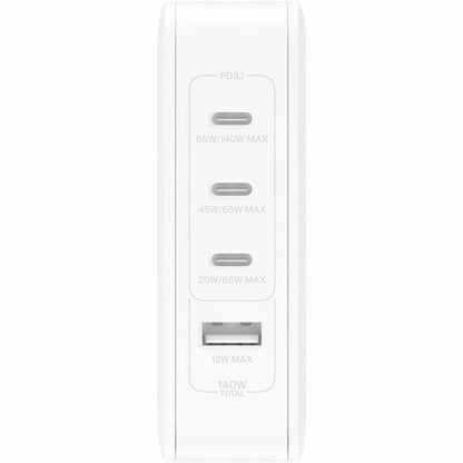 Chargeur mural portable Belkin GaN 140 W à 4 ports - 3 x USB-C, 1 x USB-A (140 W au total) - Charge rapide - Adaptateur secteur - Blanc WCH014dqWH