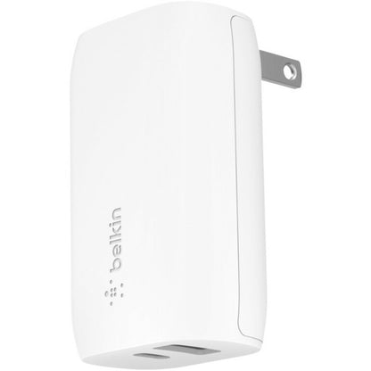 Chargeur mural portable Belkin 37 W à double port USB-C - 1 x USB-A (12 W), 1 x USB-C (30 W) - Charge rapide - Adaptateur secteur - Blanc WCB007DQWH