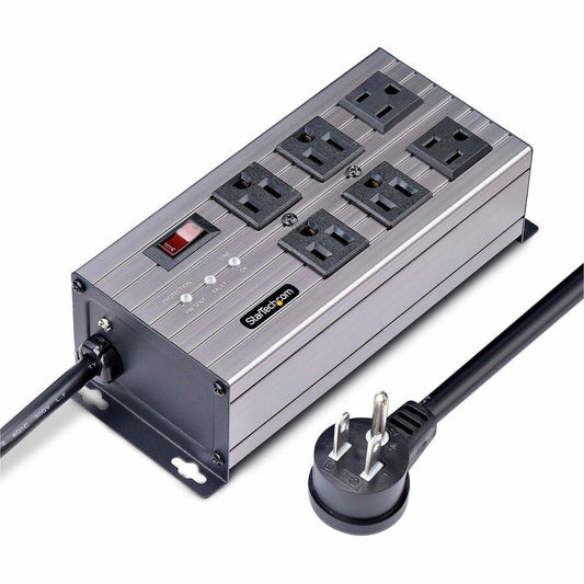 StarTech.com Multiprise industrielle à 6 prises 125 V/15 A, isolation EMI/RFI, protection contre les surtensions, PDU montable, cordon NEMA 5-15P de 2,4 m, homologué UL 6N515S8-POWER-STRIP