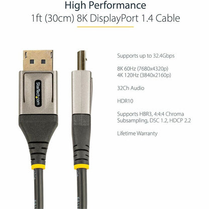 Câble DisplayPort 1.4 StarTech.com de 30 cm, 8K 60 Hz HDR10, vidéo UHD 4K 120 Hz, cordon d'écran DP vers DP, câble DP 1.4, M/M DP14VMM1F