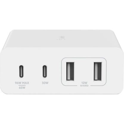 Chargeur Belkin GaN 108 W à 4 ports - 2 x USB-A, 2 x USB-C (108 W au total) - Cordon d'alimentation de 2 m/6,6 pi - Blanc WCH010DQWH