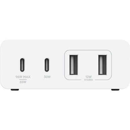 Chargeur Belkin GaN 108 W à 4 ports - 2 x USB-A, 2 x USB-C (108 W au total) - Cordon d'alimentation de 2 m/6,6 pi - Blanc WCH010DQWH